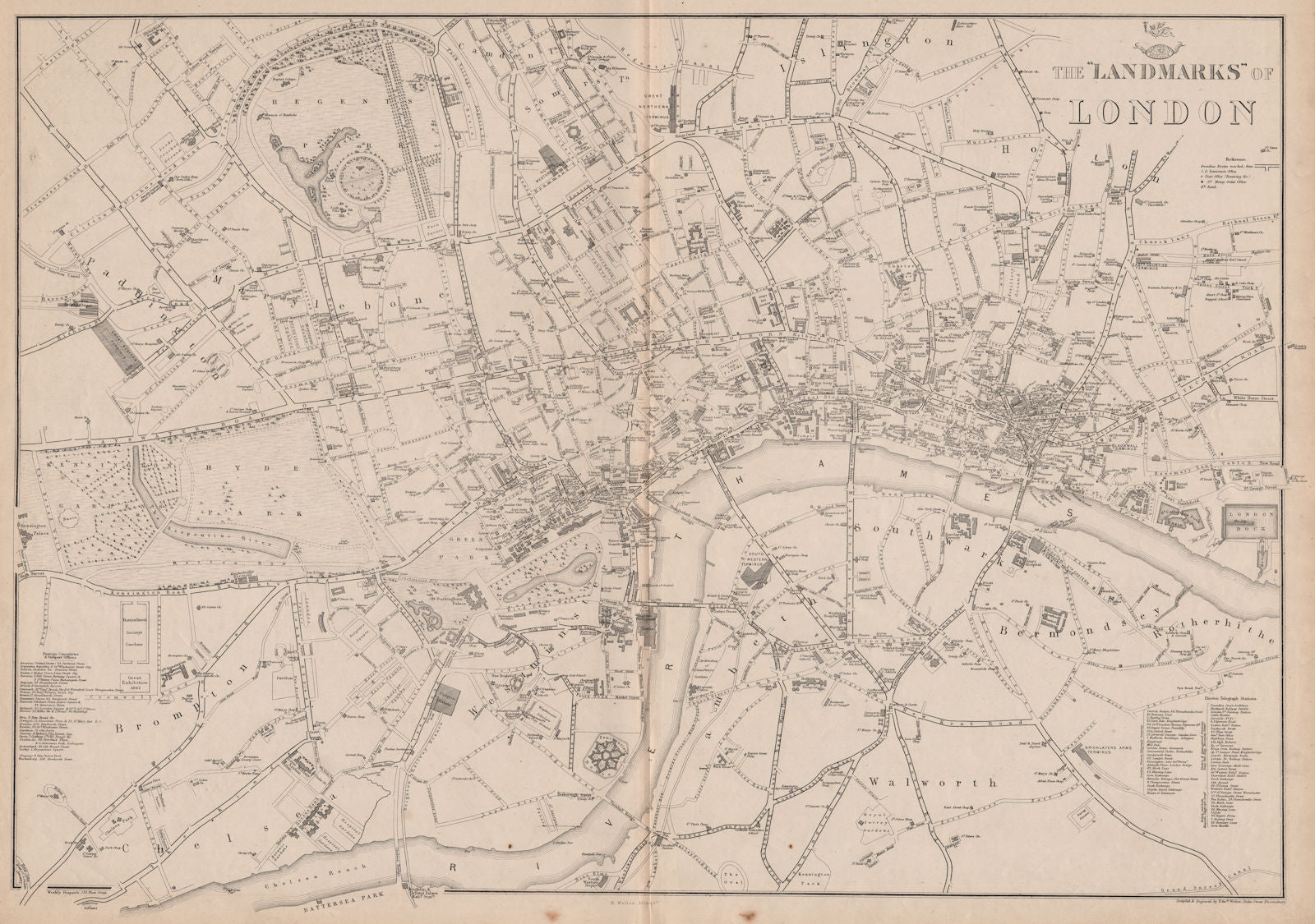 LANDMARKS OF LONDON. Clubs Theatres Churches Public Buildings. WELLER 1862 map
